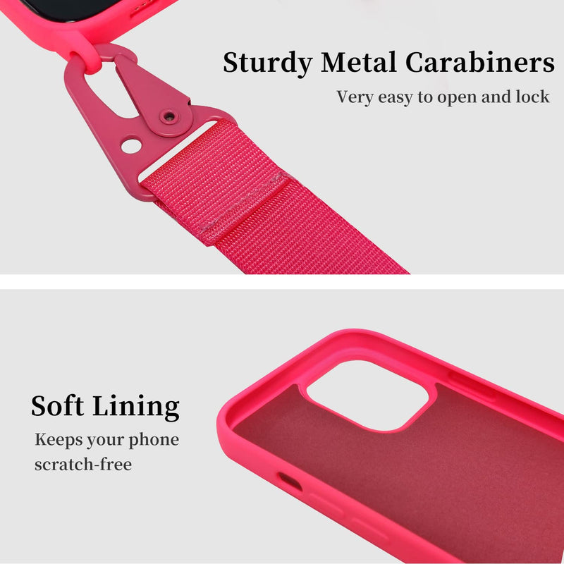 Compatible with iPhone 15 Pro Max Case with Lanyard Crossbody iPhone Case with Strap Adjustable Shockproof Drop Protection Silicone Phone Cover for iPhone 15 Pro Max 6.7’’ Neon Pink