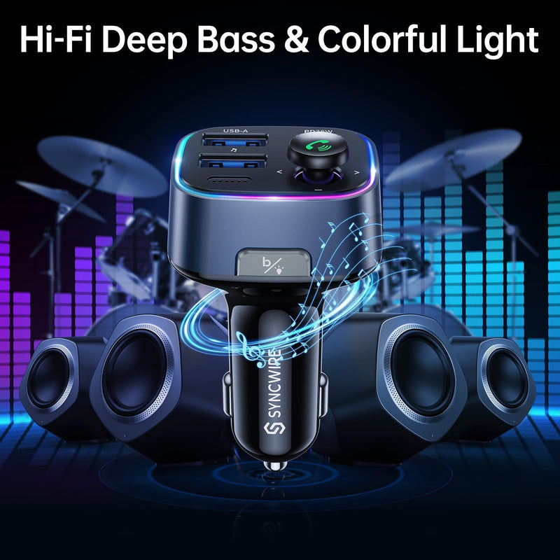 [AUSTRALIA] - Syncwire Bluetooth 5.3 FM Transmitter Car Adapter 48W(PD 36W & 12W) [Light Switch] [Hi-Fi Deep Bass] [Fast Charging] Wireless Radio Music Adapter LED Display Hands-Free Calling Support USB Drive Dark Blue 