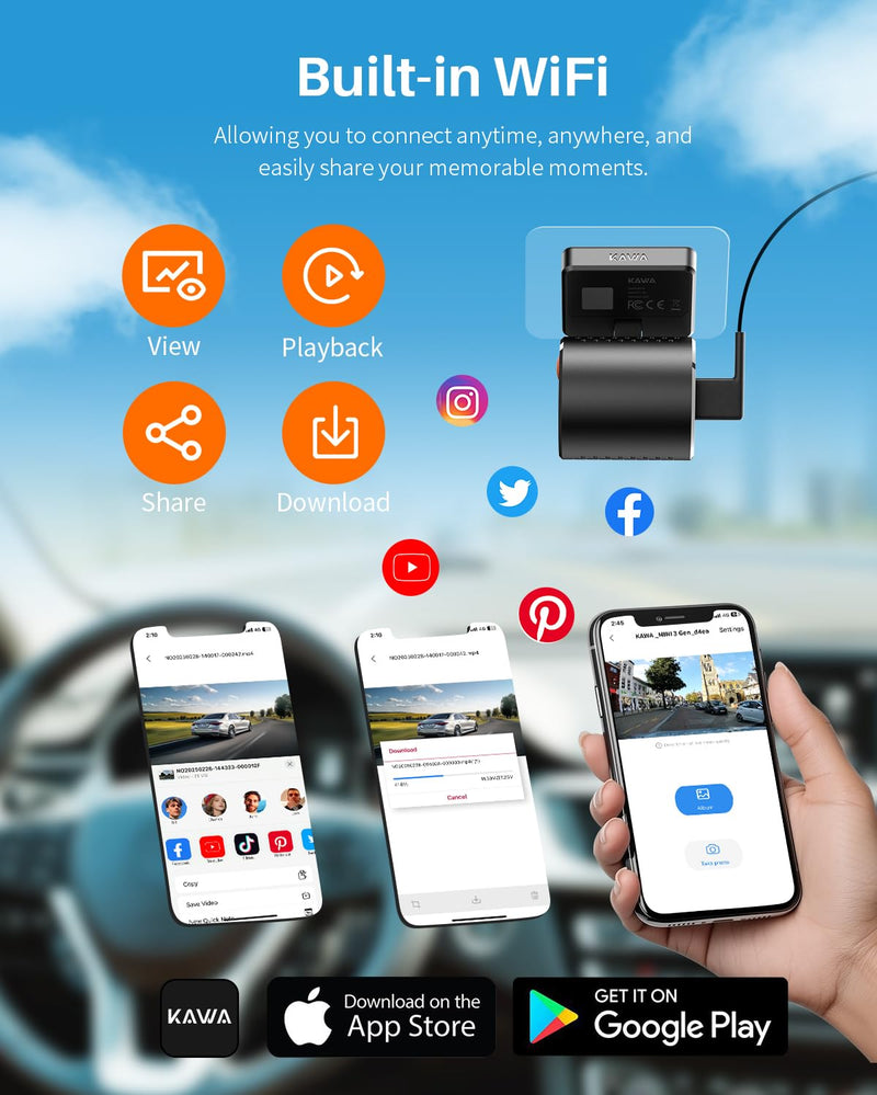 KAWA 2K Tiny Dash Cam, 1296P QHD Mini Car Camera DashCam - Voice Control, G -Sensor, Free 32GB TF Card, Built-in WiFi, APP Control, WDR/3D DNR with Super Night Vision, 24H Parking Mode Black