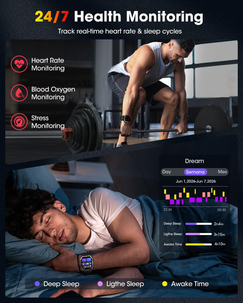 Military Smart Watches Built-in GPS, Bluetooth Call 2.02'' Smart Watches for Men, Heart Rate Monitor, Sleep Monitor, 2 ATM Waterproof, 100+ Sports Modes for Android iPhone grey Min:190mm Max:250mm