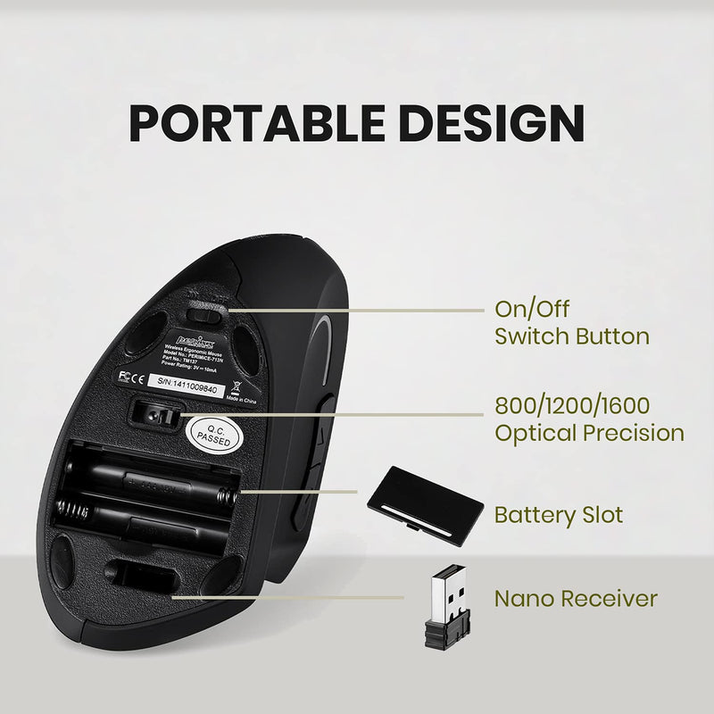 Perixx PERIMICE-713 Wireless Ergonomic Vertical Mouse - 800/1200/1600 DPI - Right Handed - Recommended with RSI User Black