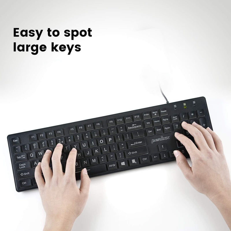 Perixx PERIBOARD-317 Wired Backlit USB Keyboard, Big Print Letter with White Illuminated LED, US English Layout Black