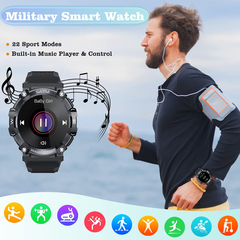 Goodatech 1.39" Military SmartWatch for Men Women, Black | Phone Call, 5ATM IP68 Waterproof, Fitness Tracker, Android iOS Compatible Black.666
