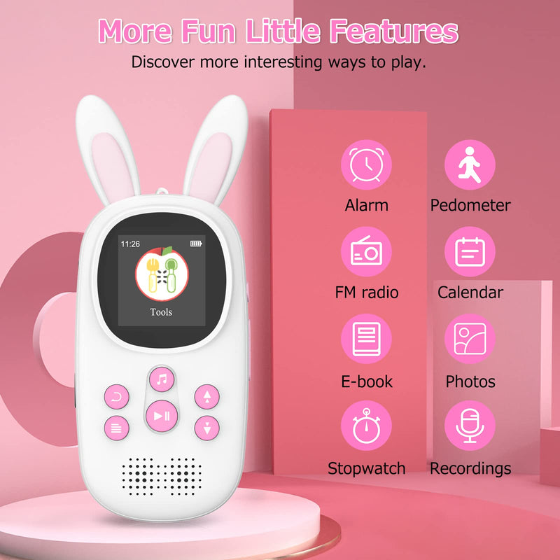 Mp3 Player for Kids, Cute Bunny Kids Mp3 Player with Bluetooth, 32GB Mp3 Players with Speaker, FM Radio, Recordings, Alarm, Pedometer, Stopwatch, Support up to 128GB