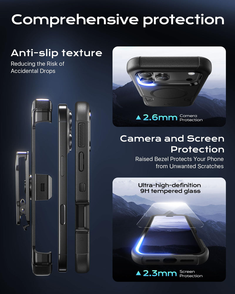 for iPhone 17 Pro Max Case 6.9" with Belt Clip Holster,Black | Compatible with MagSafe,Anti-Drop,Shockproof,Heavy Duty Protection, ,w/Screen Protector,with 360°Rotating Kickstand Black