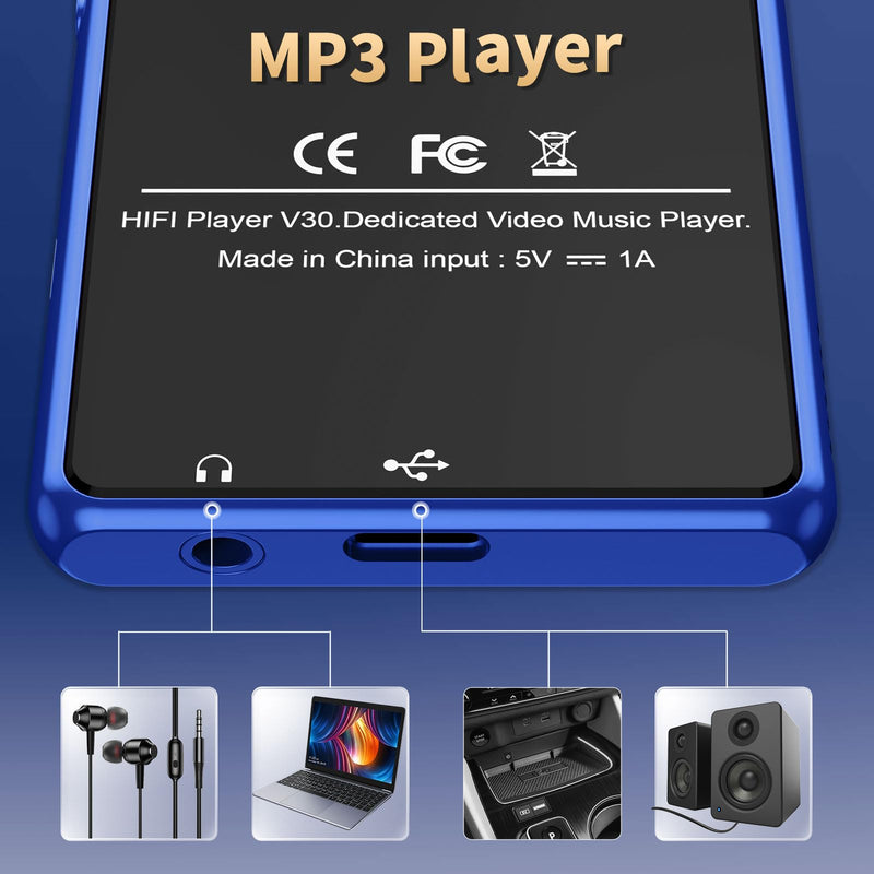 [AUSTRALIA] - 80GB MP3 Player with Bluetooth，3″Full Video Format Portable MP3 Player for Kids，MP4 Music Player with Speaker, FM Radio, Voice Recorder, Up to 256GB,Blue Blue 