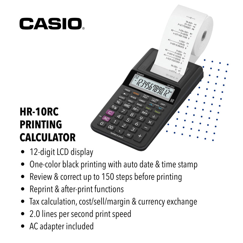 Casio HR-10RC Mini Desktop Printing Calculator, Black | Portable, 12-digit display, one-color printer, tax & currency; ideal for bookkeeping