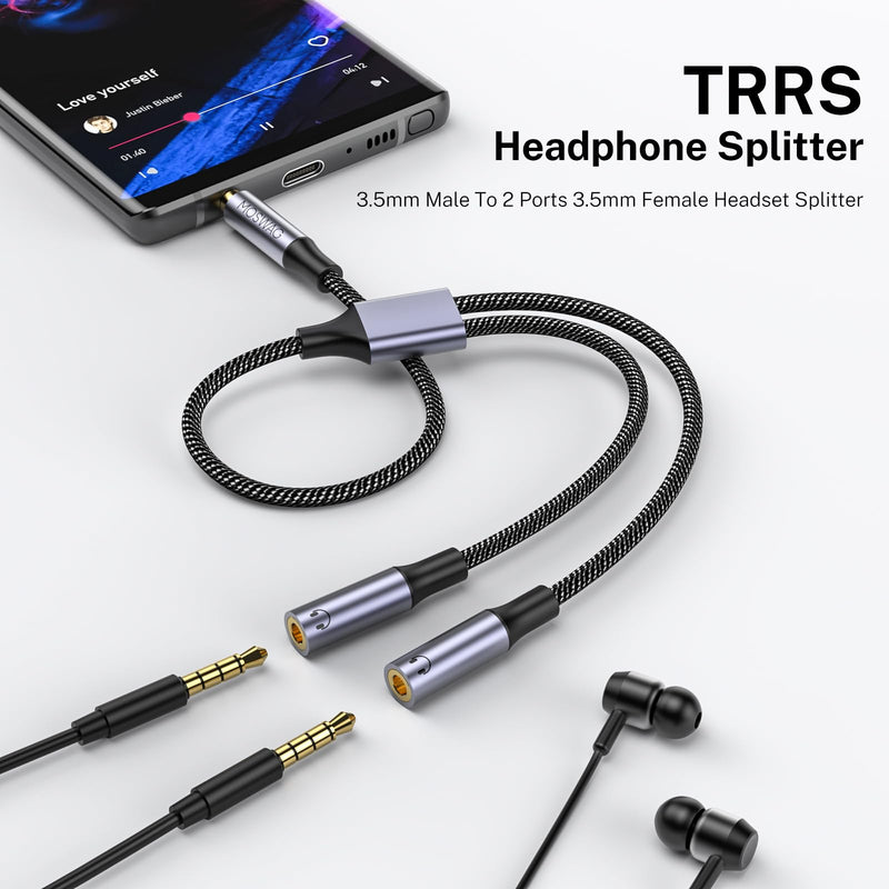 MOSWAG Headphone Mic Splitter 3.5mm Headset Y Adapter 2 Female to 1 Male 3.5mm Jack Cable, Mic Audio Splitter, Headset Splitter Cable with Separate Audio Microphone Jacks 10 Inch/25 cm Black