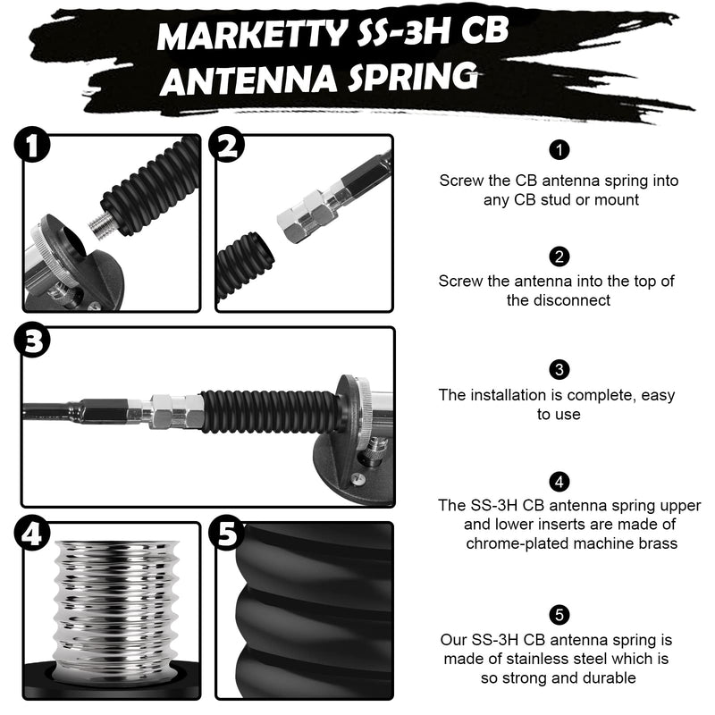SS-3H CB Antenna Spring, Stainless Steel Heavy Duty CB Radio Antenna Mount Spring, Spring to Fit Mobile/in-Vehicle CB Radio Antenna Mount Up to 60" Long and 3/8" X 24 Thread (Black) Black