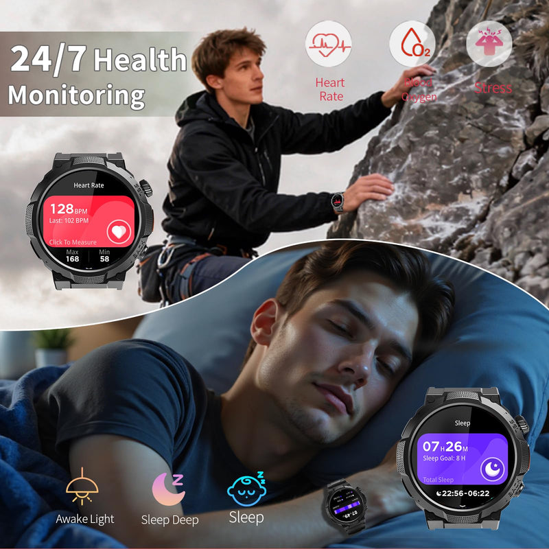 Smart Watches for Men (Answer/Make Call), 1.53" HD Military Smartwatch, 50+ Days Extra-Long Battery Life Fitness Tracker, Flashlight/110+Sports/Heart Rate/Sleep Monitor/IP68 Waterproof Android iOS