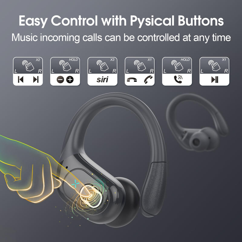 Aptkdoe Wireless Earbuds 75H Bluetooth 5.4 Sport Headphones with Earhooks | IPX7 Waterproof In-ear Buds Feature ENC Noise Cancelling Mic. Stereo Sound Device for Gym Running Workout, Iron Gray