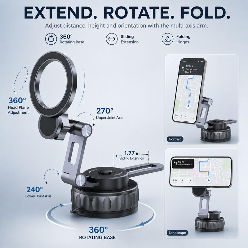 Vacuum Suction Magnetic Car Phone Mount, 360° Rotating Extendable Multi-Axis Arm for Dashboard & Windshield, Compatible with MagSafe iPhone Models and Magnetic Cases, Metal Ring Included