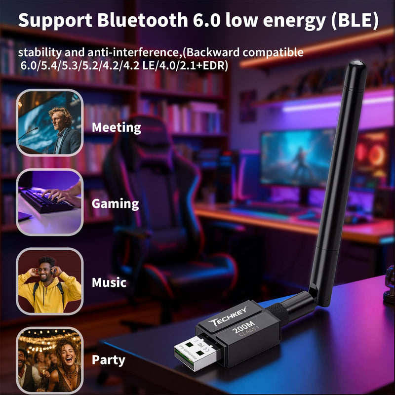 USB Bluetooth 6.0 Adapter for Desktop PC: Plug & Play 600FT Long Range Wireless Dongle with 5dBi Antenna for Laptop Windows 11/10/8.1, Pair BT Headphones/Headset/Speaker/Mouse/Keyboard/Print Servers 6.0BT black