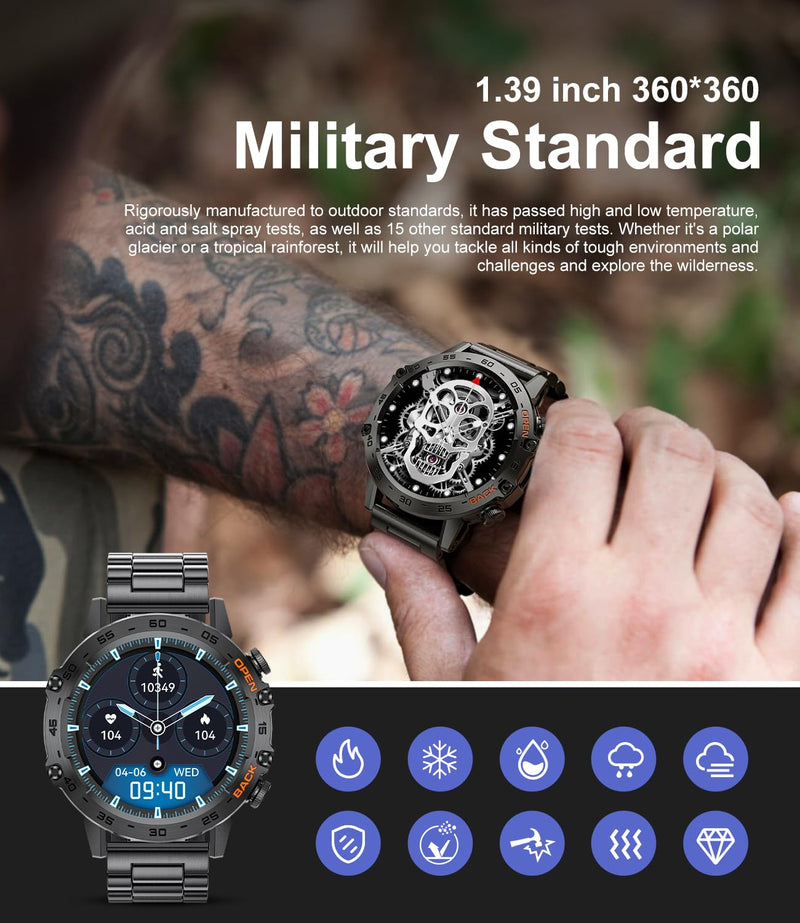 SUNKTA Military Smart Watch for Men(Answer/Dial Calls),100 Sports Modes, 5ATM Waterproof Fitness Watch with Heart Rate/SpO2/Blood Pressure for Android and iOS,1.39''HD DIY Screen Smartwatch Black