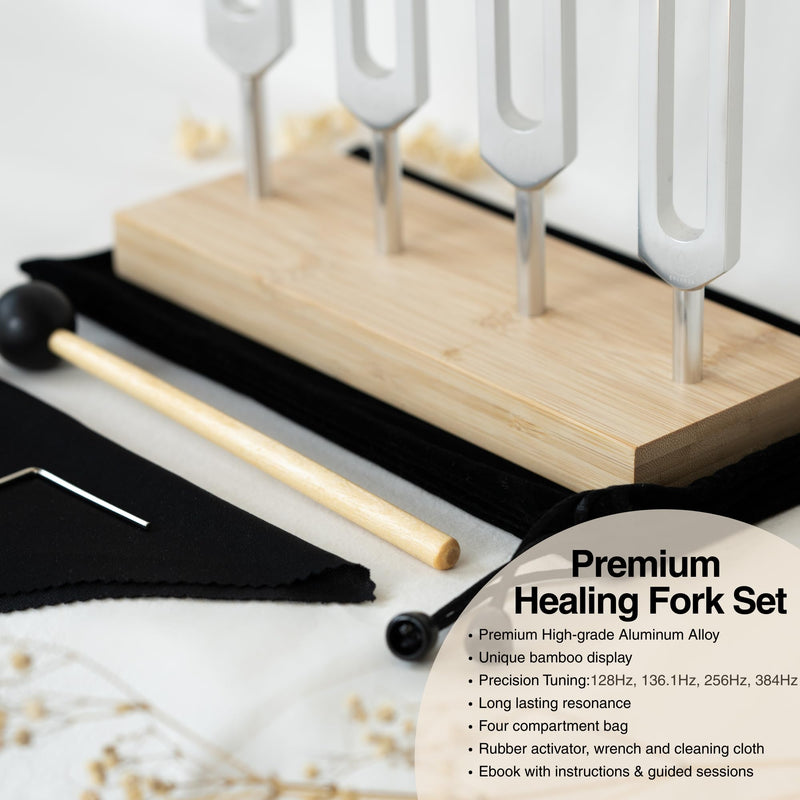 [AUSTRALIA] - Tuning Forks for Healing Set – 128 Hz, 136.1 Hz, 256 Hz, 384 Hz Sound Healing Instruments with Bamboo Display Tray and User Guide for Sound Therapy, Meditation, Chakra Healing & Sound Bath Rituals 