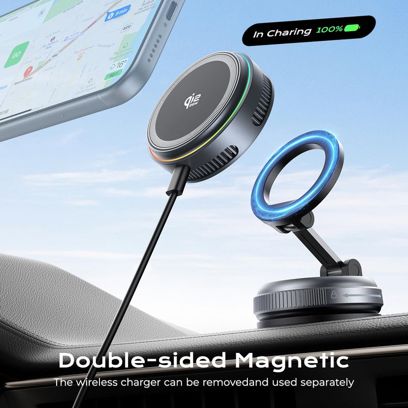 Qi2.2 Magnetic Car Mount Charger【25W Fast Charging+Ice-Cooling】 360° Rotating Fast Wireless Charger Stand with Cooling Fan/LED Light,Vacuum Magnetic Phone Holder Compatible with iPhone 12-17, S26/S25 Stand+Cooling Charging Pad