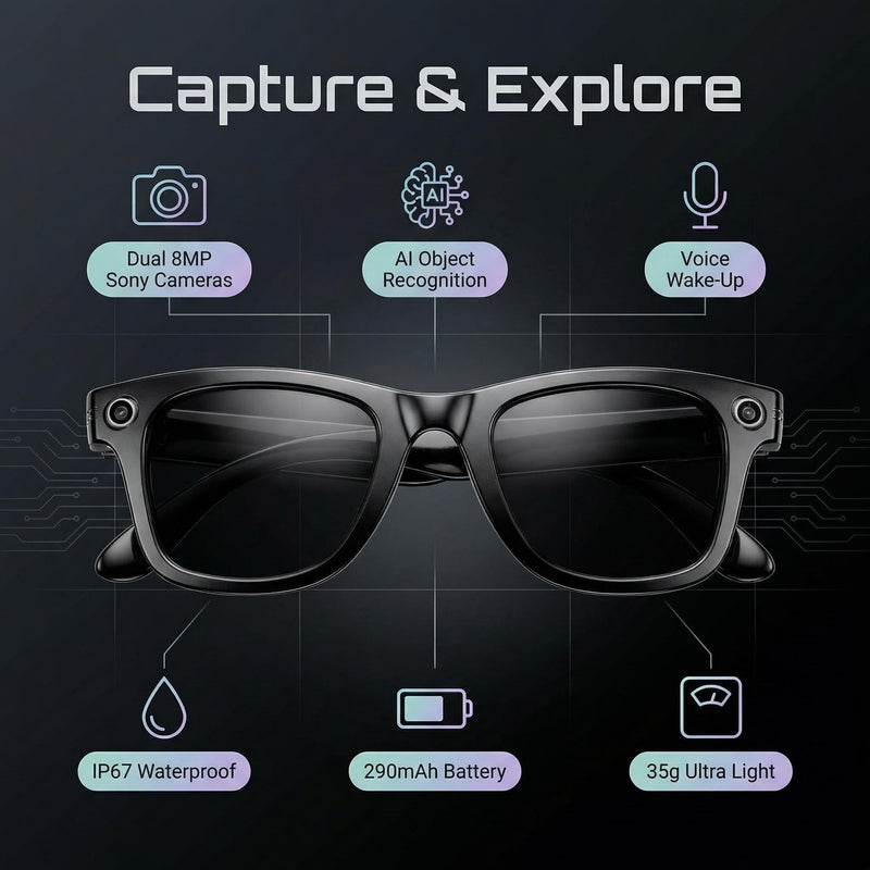 Nexlenz Smart Camera Sunglasses, 8MP POV Video Recording Glasses for Travel, Daily Use & Outdoor Activities, AI Object Recognition, Voice Translation, Bluetooth Audio, Built-in Storage