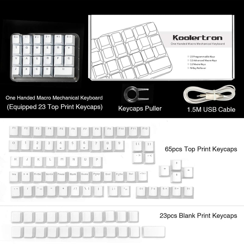Koolertron One Handed Macro Mechanical Keyboard, Portable Mini One-Handed Mechanical Gaming Keypad 23 Fully Programmable Keys ((Blue Backlit/Blue switches)) White/Blue backlit/Blue switches