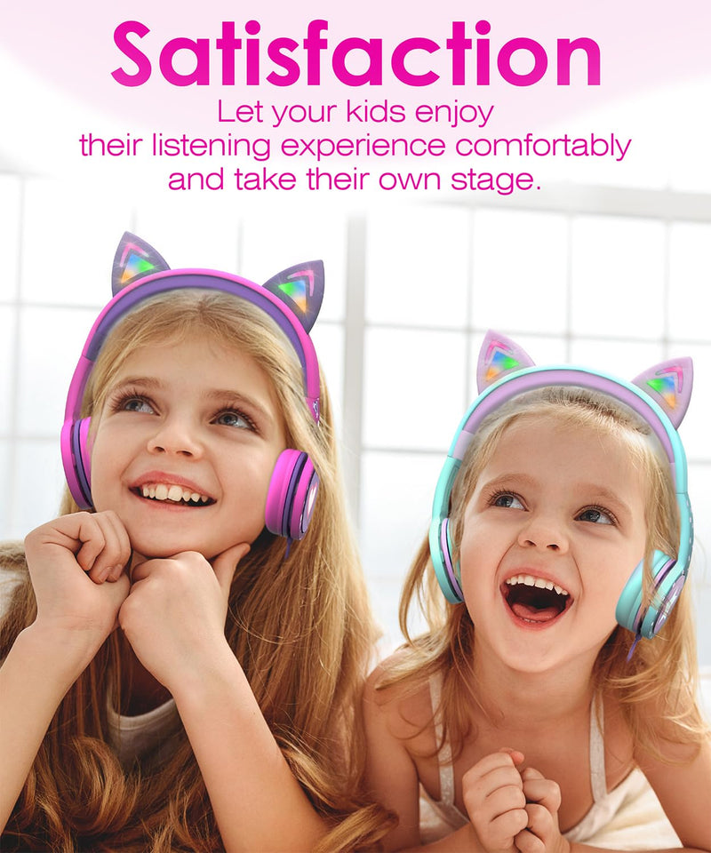 [AUSTRALIA] - FosPower Kids Headphones with LED Cat Ears (Safe Volume Limit 85 dB), 3.5mm On-Ear Wired Headphones with Laced Tangle-Free Cables for Boys/Girls/School/Travel - Hot Pink/Purple Hot Pink / Purple 