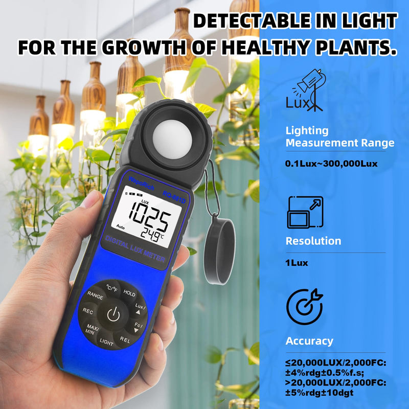 Digital Light Meter WapoRich RQ-881D Illuminance Tester w/Rotatable Sensor 1-400,000 Lux/FC for LED White Light, Plants, Photography, Home & Industrial Use