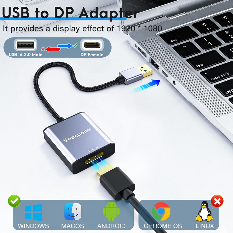 USB to DisplayPort Adapter for Windows 7/8/10/11, MAC OS | 1080P 60Hz USB 3.0 Male to DisplayPort Female Monitor Converter for Windows 7/8/10/11, MAC OS - Requires Driver Silver