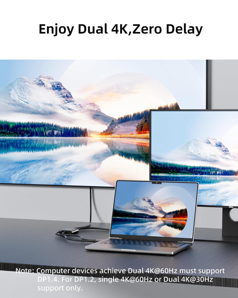 Displayport to Dual Displayport Splitter Adapter,4K60Hz MST Displayport hub 1 in 2 Out Display Port for Dual Monitors,DP1.4 Display Port Splitter for Desktop, Laptop,Extend Display