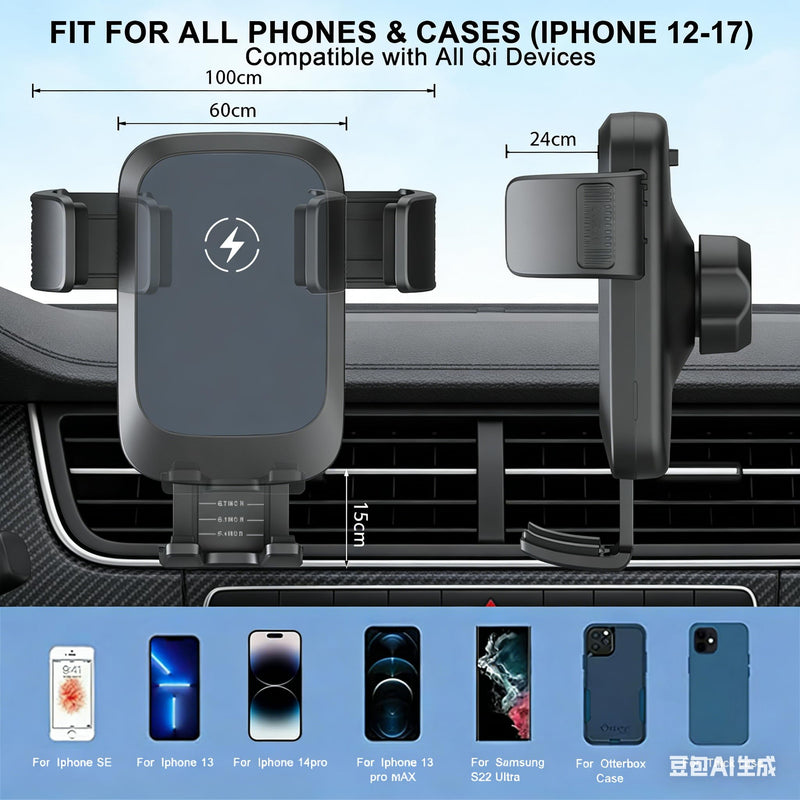 Wireless Car Charger, Auto-Clamping Air Vent Mount Car Phone Holder - 15W/10W/7.5W Fast Charging Compatible with iPhone 17/16/15/14/13/13 Pro/12 Pro Max/12 Pro/12 & Samsung Galaxy, Gift for Men Women Grey