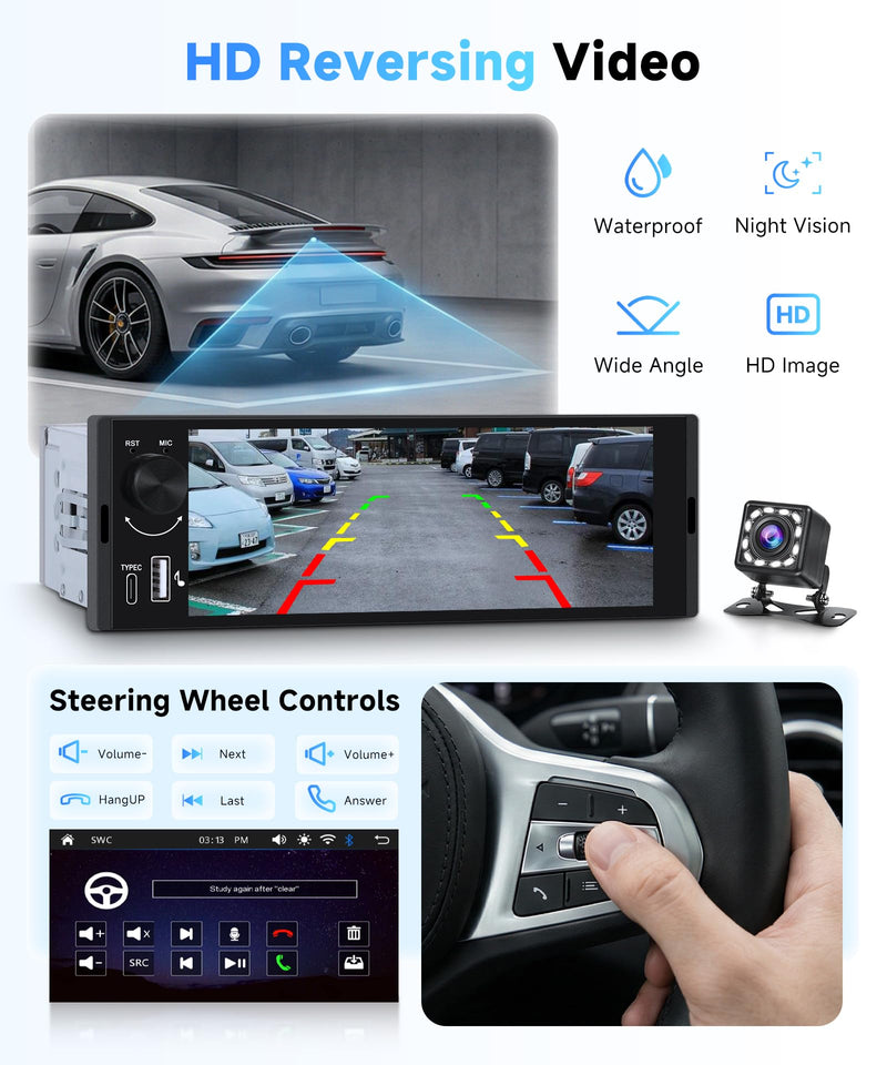 Single Din Car Stereo with 6.36 Inch Touch Screen, Wireless CarPlay & Android Auto, Mirror Link, Online Video, Bluetooth, FM Radio, 16-Band EQ, Backup Camera Included, SWC, USB/Type-C, Physical Knobs