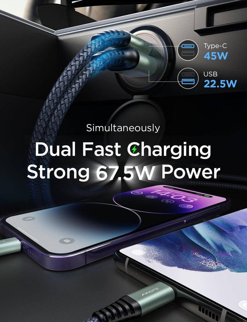 AINOPE for【Apple MFi Certified】 67.5W iPhone Car Charger Fast Charging Cigarette Lighter USB Charger, Mini USB C Car Charger Adapter for iPhone 14/14 Pro Max/14 Plus/13/12 Black