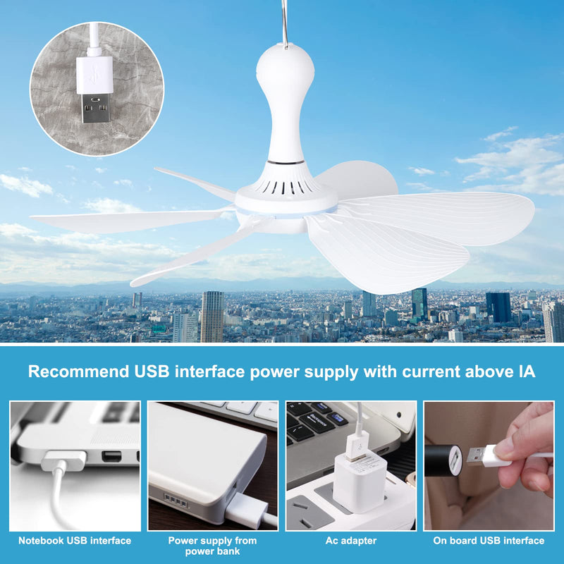 Xindejia USB Powered Small Ceiling Fan 6 Blades Quiet DC 5V USB Hanging Fans for Indoor Outdoor RV Bed Room Dorm Desk Travel Camping Tent Cubicle Mini Portable Canopy Fans - White Remote Control