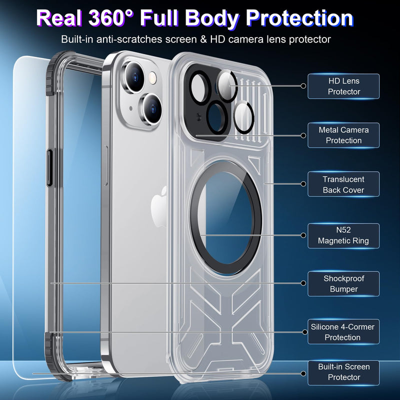 2024 Upgrade for iPhone 15 Case Waterproof,[Compatible With MagSafe][Built-in Screen&Camera Protector][Full Body Dropproof][IP68 Underwater][Clear Sound]Shockproof Phone Case 6.1"Black/Clear Black/Clear