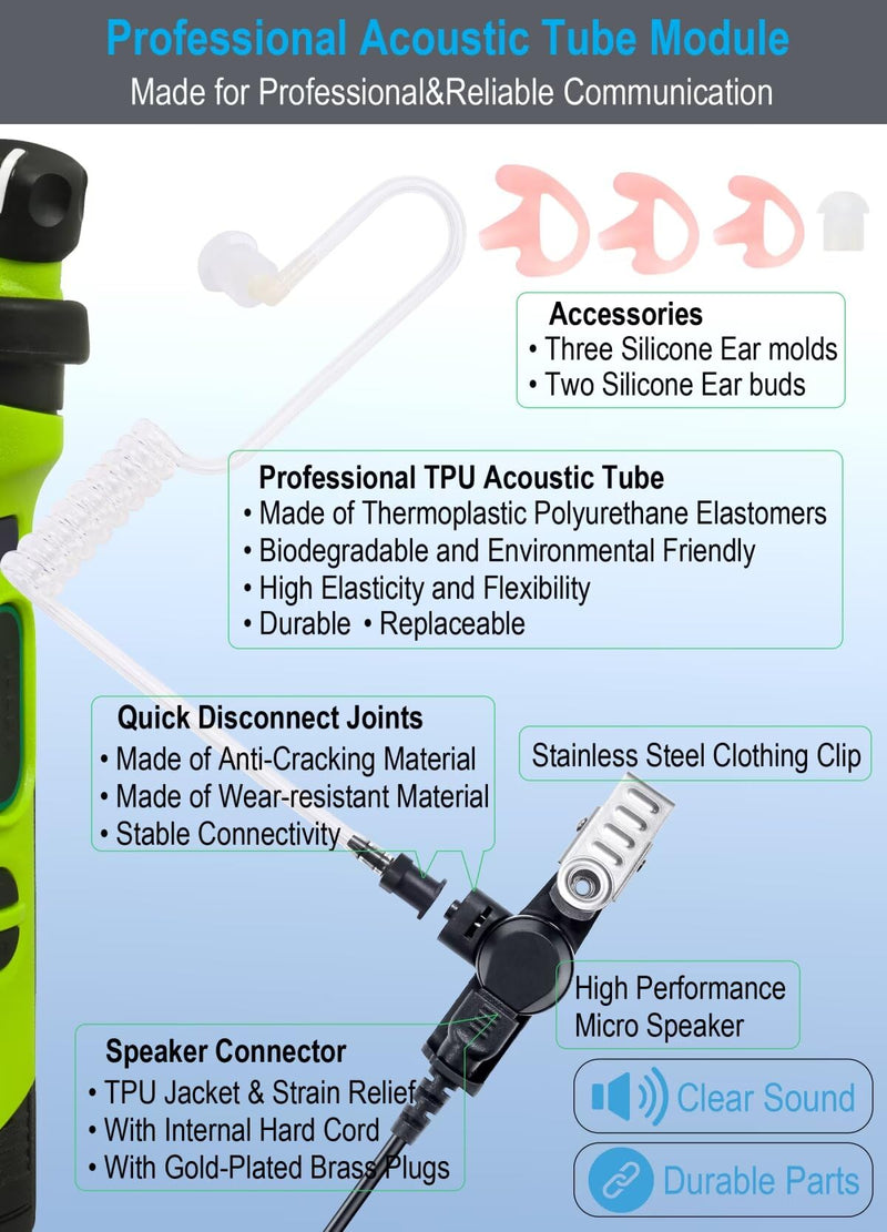 commountain earpiece for Motorola Walkie Talkie and Radio with PTT/Mic, Compatible for CP200D CP100D R2 CP200 CP185 BPR40 CLS1410 CLS1110 RMU2040 RMU2080D, Acoustic Tube Surveillance Headset, 2 Pin For users less than 6 feet tall