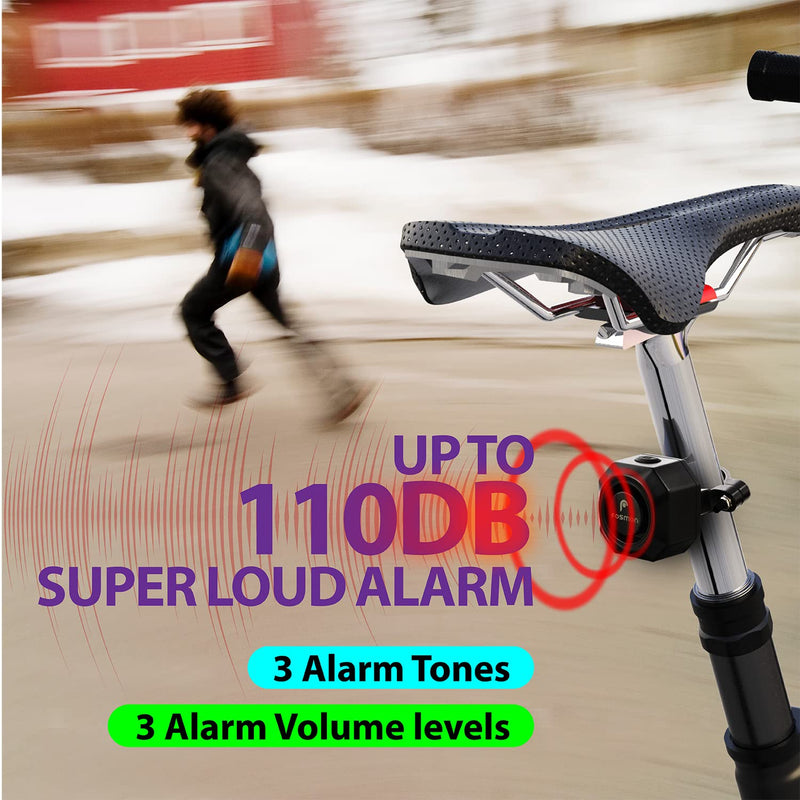 Fosmon USB-C Rechargeable Bike Alarm with Remote, IP55 Waterproof Wireless 110dB Loud Anti-Theft Vibration Motion Sensor Vehicle Tracker Alarm Security System for Bicycle, E-Bike, Motorcycle, Scooter 1 Pack - 110dB IP55