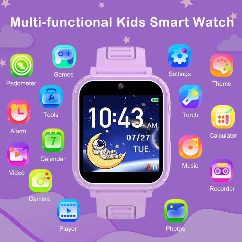 Phyulls Kids Smart Watch Gift for Girls Age 4-12, HD Touch Screen Kids Watches with Video Camera Music Player Pedometer Flashlight 12/24 hr Educational Toys Birthday Gifts for Girls Ages 6 7 8 9 10