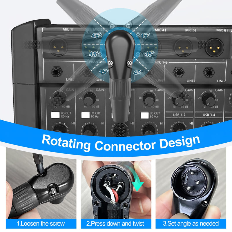 HOSONGIN Right Angle XLR Cable, Adjustable-Angle Female to Straight Male 1FT, 90 Degree Mic Cord for Mixer, Studio, Podcast - 2 Pack