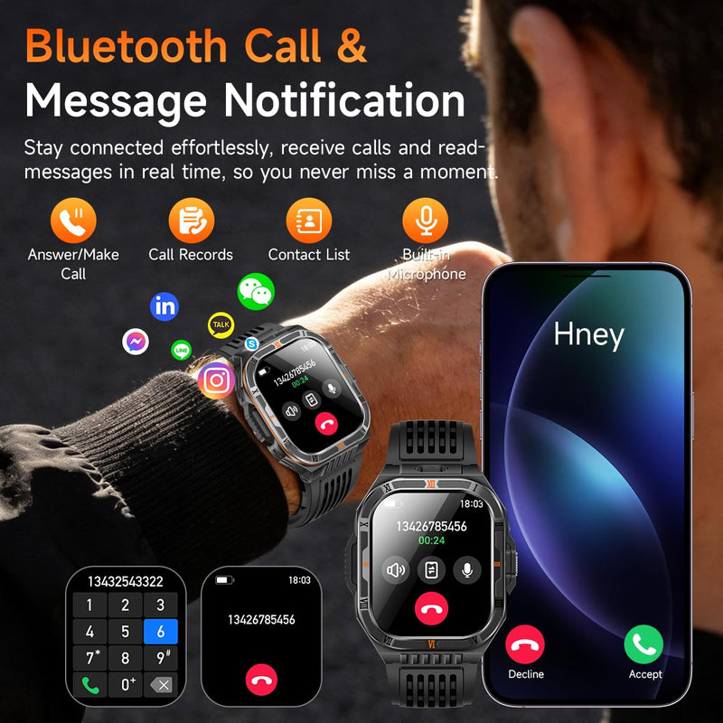 Military Smart Watches for Men, 2.01" HD Smartwatch with 110+ Days Battery/Flashlight/Compass/Bluetooth Calling, Heart Rate/Sleep Monitor, 150+ Sports Modes Fitness Tracker for Android/iOS Black