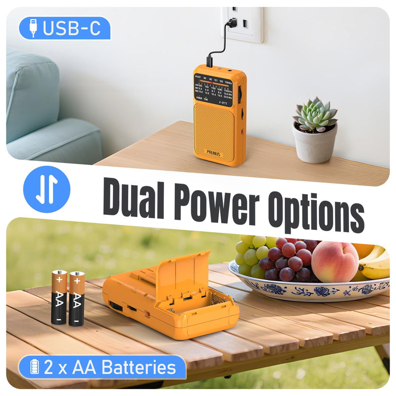 [AUSTRALIA] - PRUNUS J-211 Portable Radio AM FM with USB Charging and AA Battery Operated, Transistor Radio, Strong Reception& Clear Speaker, Headphone Jack, Back Clip, Lanyard, Small radios Portable AM FM Orange 