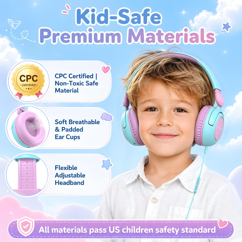 IMYB V8 Kids Headphones for School, Wired HD Mic 3-15 Year for Girls Boys | 85/94dB Volume Limit Safe Over-Ear Toddlers Durable Foldable Cord for iPad Tablet PC, Travel Airplane (Blue) Blue
