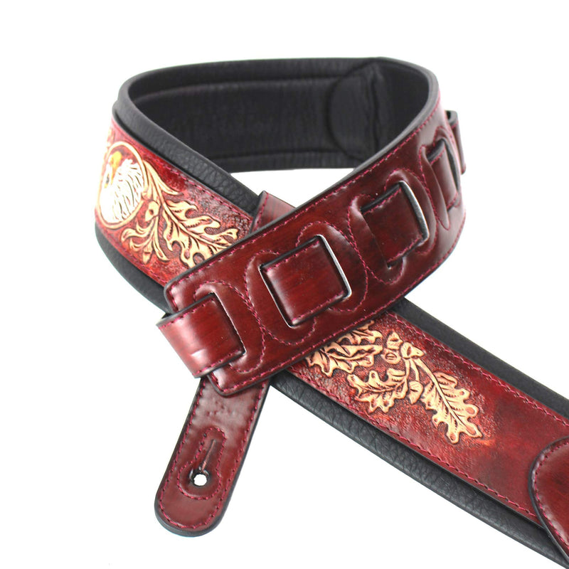 Walker & Williams KB-03-RB Mahogany Brown Full Grain Center Block Carved Leather Padded Guitar Strap With American Eagle & Oak Leaves For Acoustic, Electric, And Bass Guitars