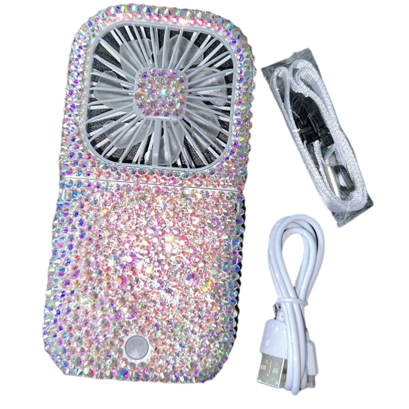 Customized Mixed Rhinestone Rechargeable Mini Handheld/Hanging Portable Usb Battery Operated 3000MA Power Bank Folding Personal Fan for Girls Camping Travelling Outside Indoor Office ab