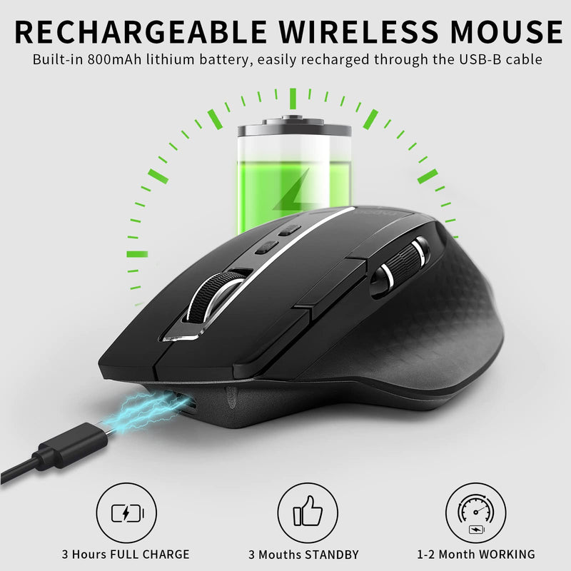 Bluetooth Wireless Mouse, RAPOO 4 Adjustable DPI Rechargeable Bluetooth Mouse, Multi-Device (3 Bluetooth+USB) Programmable Ergonomic Mouse with Side Roller, Laser Mouse for Laptop Desktop PC, Black