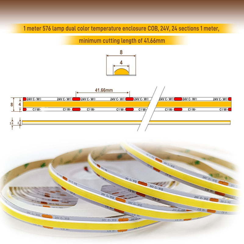 Pandery COB LED Strip Light,CCT Dimmable Strips Light,2700K-6500K,9.84ft/3m,8mm Wide,CRI90+ 24V LED Strips Kit with Bluetooth APP Control/Music Mode,for Bedroom,Kitchen,DIY Lighting 576CCT 9.84FT