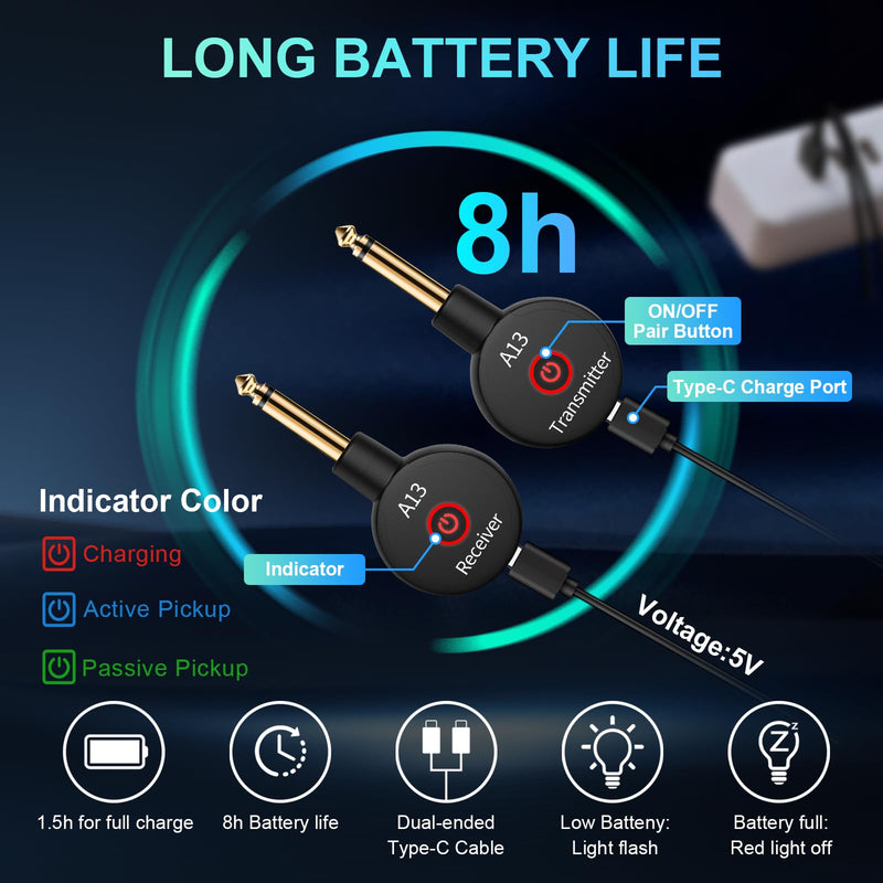 A13 Wireless Guitar System 2.4GHz Transmitter Receiver for Electric/Acoustic Bass Guitar, Rechargeable Li-Battery, Plug & Play Wireless Guitar Cable for Guitar, Bass, Violin - Black (2TX + 1RX) A13-2