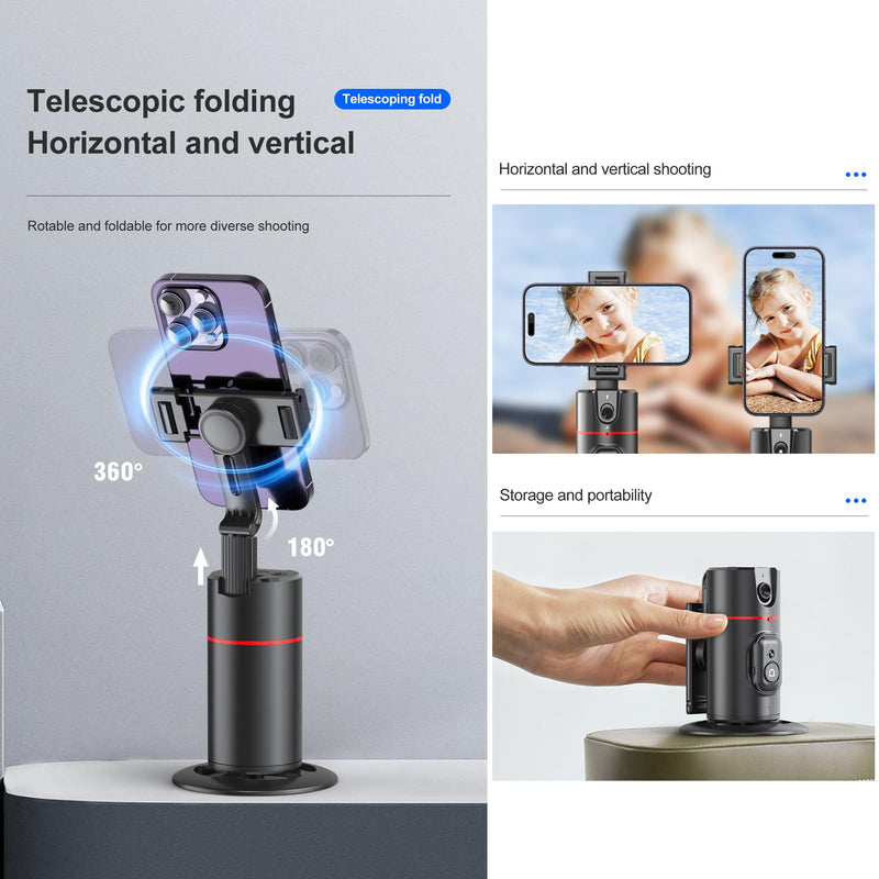Auto Tracking Phone Holder,360° Rotation Phone Camera Mount Smart Shooting Phone Tracking Holder with Remote Selfie Stick for iPhone Android Stabilizer Shooting Live,No App,Rechargeable Black