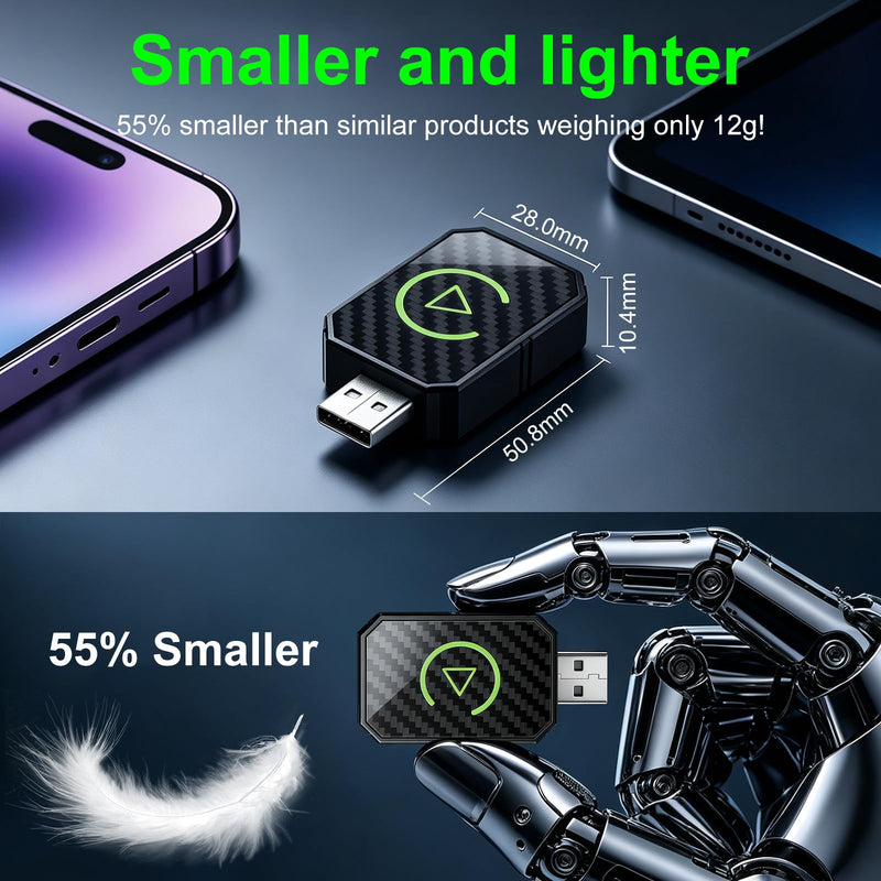 2in1 CarPlay Adapter for iPhone Android, USB Cable Low Delay iOS10+ | 2-in-1 for iPhone and Android, Ultra Low Delay, Built-in USB Cable, Auto Reconnect