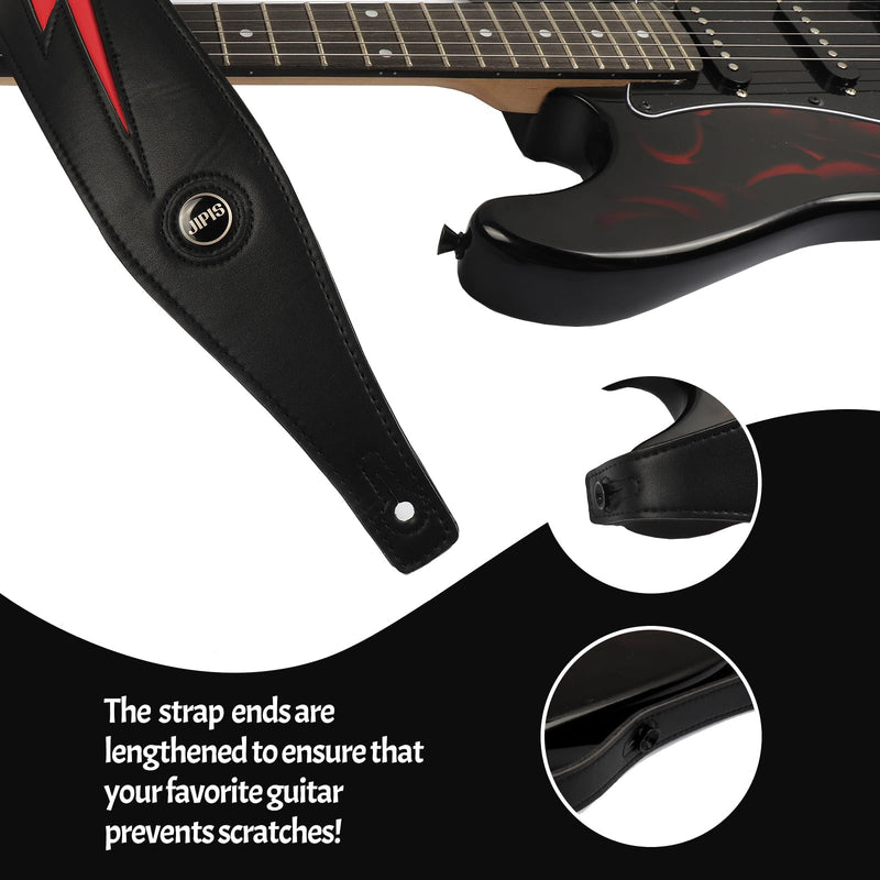 Handmade Retro Embossed Guitar Strap Super Soft Cowhide Leather Belt for Electric Acoustic Guitar Bass Guitarra Gig Jipis-black Red Lighting