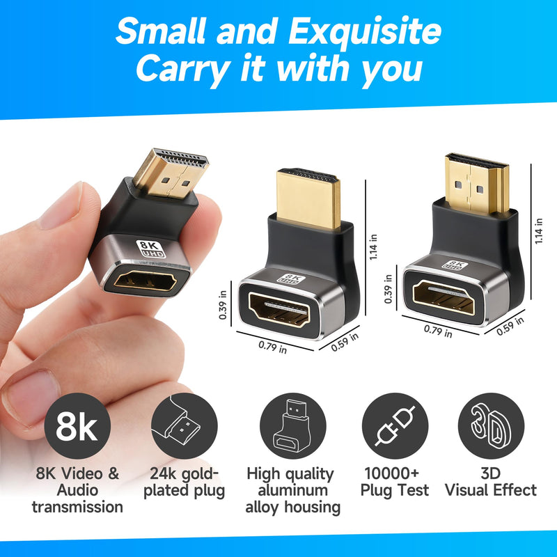 8K HDMI 2.1 Adapter 90 Degree and 270 Degree Gold Plated Adapter 2 Pack, Right Angle HDMI Male to Female Connector Converter HDMI L Shape Extender, Supports 8K@60Hz，4K@120Hz，4K@60Hz，4K@30Hz 90° HDMI Male to Female