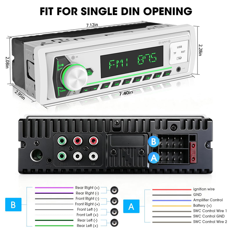 Single Din Bluetooth Marine Radio: Indash Car Stereo Receiver for Boat | Digital LCD Display AM FM AUX SD USB Fast Charging 2 Subwoofer Outputs White