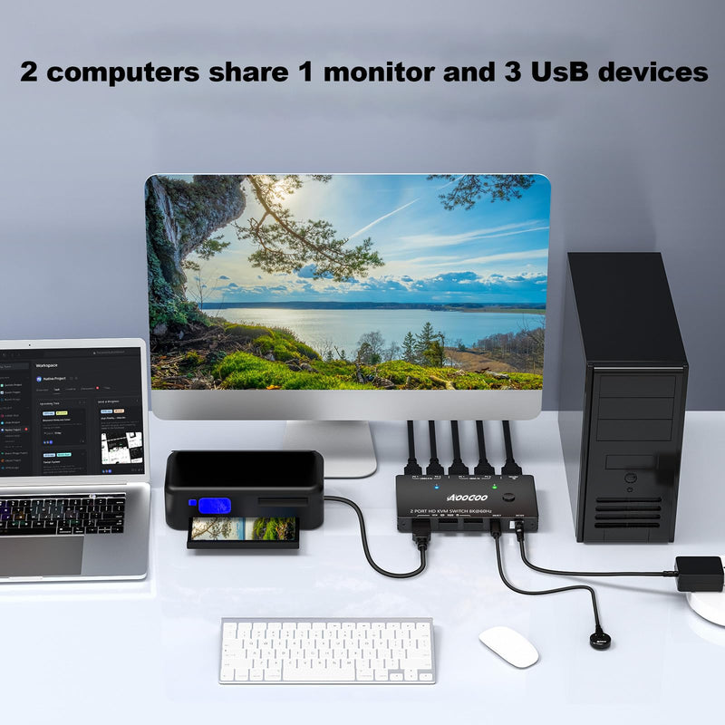 8K@60Hz HDMI KVM Switch 1 Monitors 2 Computers 4K@144Hz KVM Switches with USB 3.0 Port,Wired Remote,Power Adapter and USB3.0 Cables Included(10cm 2 PC 1 Monitor 8K KVM) 10 cm