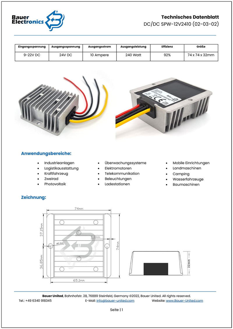 Bauer Electronics DC-DC 9V-22V to 24V Voltage Converter 10A 240W 12-V 24-V Converter Power Adapter Voltage Regulator Voltage Stabiliser Voltage Limiter Truck Step-up Boost Volt Input: 9-22V Output: 24V | 240W | 10A